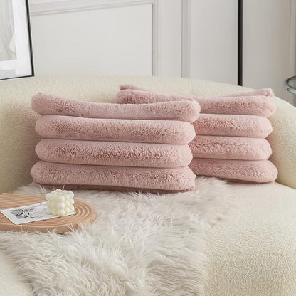 Neelvin Pink Faux Fur Cozy Soft Striped Decorative Throw Pillow Covers 12x20 inch Set of 2,Velvet Pillowcase Cushion Case for Sofa Couch