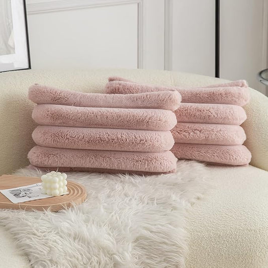 Neelvin Pink Faux Fur Cozy Soft Striped Decorative Throw Pillow Covers 12x20 inch Set of 2,Velvet Pillowcase Cushion Case for Sofa Couch