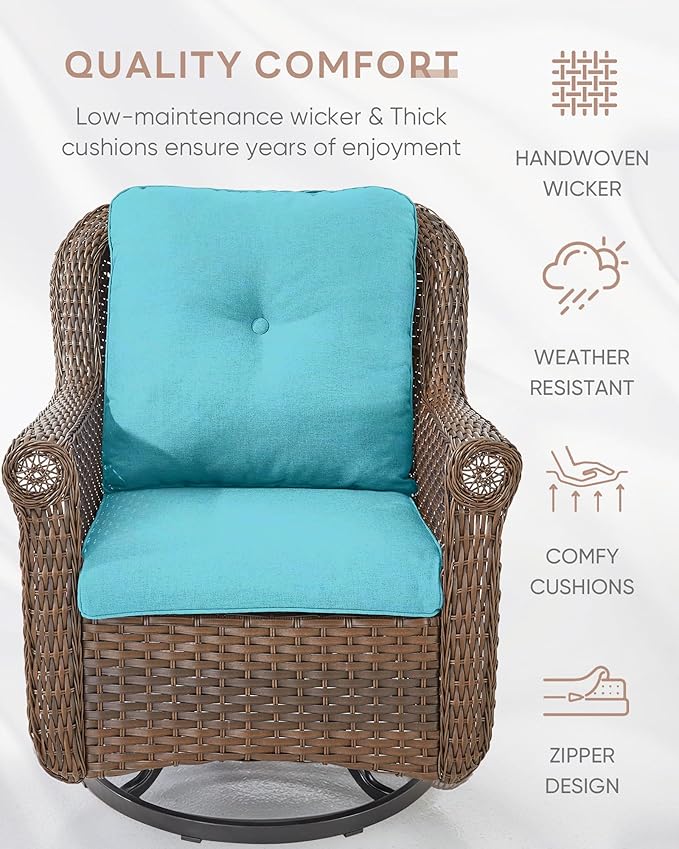 Patio Chairs Outdoor Swivel Glider - Set of 2 High Back Outside Brown Wicker Rattan Rocking Chair with Thick Cushion for Porch Apartment Deck Yard Poolside Garden - Turqoise