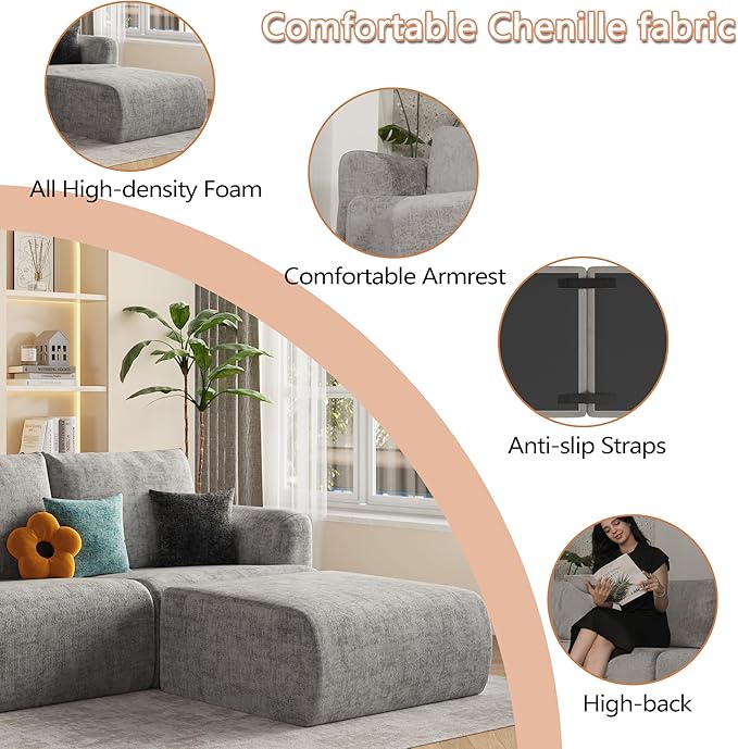 EASE MOOSE Cloud Couch Sectional Sofa, Large L-Shaped Oversized Modular Couch for Living Room, Minimalist Boneless Convertible Couches, 5-Seat Deep Sofas for Bedroom, Chenille (Light Grey)