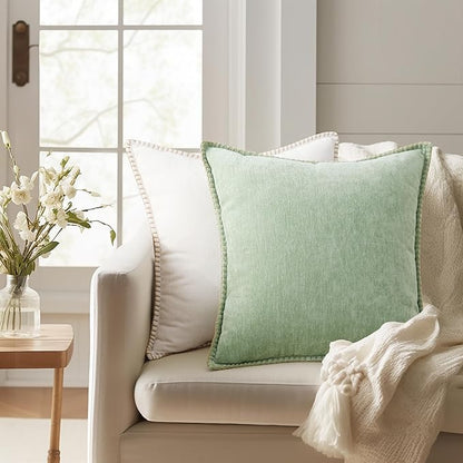 decorUhome Christmas Chenille Soft Throw Pillow Covers 16x16 Set of 2, Farmhouse Velvet Neutral Decorative Euro Pillow Covers with Stitched Edge for Couch Sofa Bed Home Decor, Sage Green