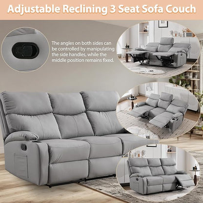 3-Seater Manual Seater Reclining Anti-Scratch 3 Seat Reclining Sofa with Side Pocket and Cupholders Reclining Loveseat Sofa for Living Room Meeting Room Bedroom Office Apartment