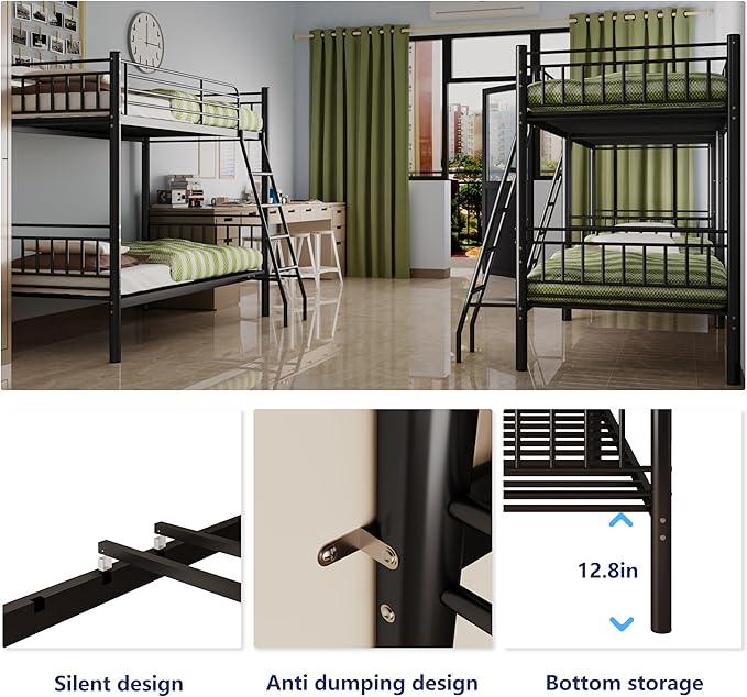 Metal Bunk Bed Twin Over Twin，Loft Bed with Removable Ladder and Full-Length Guardrail，Twin Bunk Beds Frame Heavy Duty Metal Slat Support for Adults, Kids and Young Teens (Black)