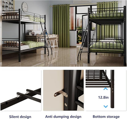 Metal Bunk Bed Twin Over Twin，Loft Bed with Removable Ladder and Full-Length Guardrail，Twin Bunk Beds Frame Heavy Duty Metal Slat Support for Adults, Kids and Young Teens (Black)