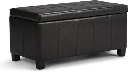 SIMPLIHOME Dover 36 inch Wide Contemporary Rectangle Storage Ottoman Bench in Midnight Black Vegan Faux Leather, Assembled, for the Living Room, Entryway and Family Room