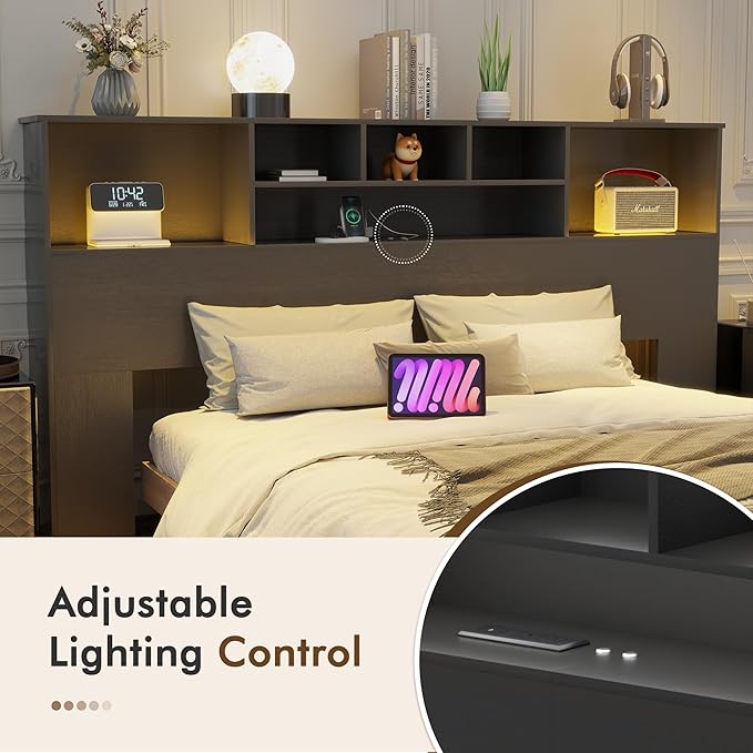 Apicizon 81" King Size Headboard Only, Black Storage Headboard with USB for King Size Bedroom, Wood Head Board with 2 LED Lights, Black Bookshelf