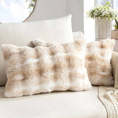 MIULEE Faux Fur Pillow Covers Thick Soft Plush Lumbar Throw Pillows Luxury Home Decor for Couch Bed Bedroom Living Room Sofa,12x20 Inch Pack of 2 White-Beige