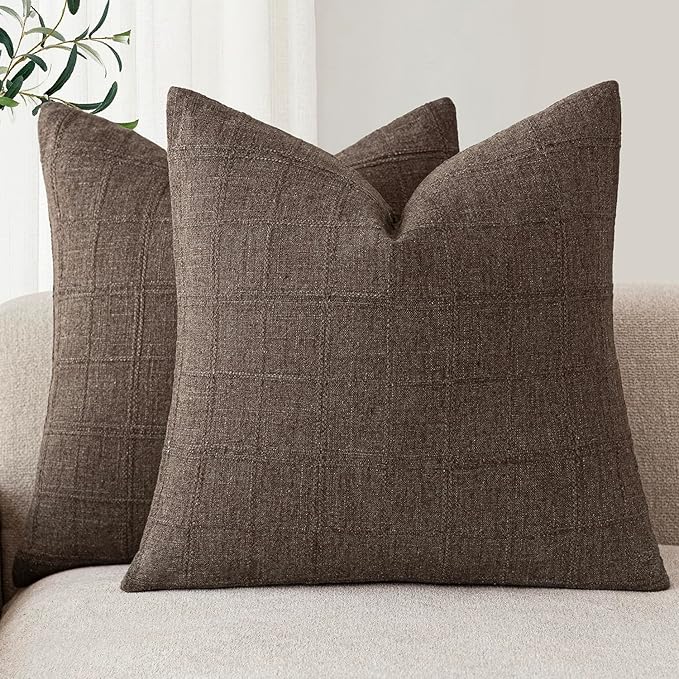 Foindtower Set of 2 Decorative Linen Check Throw Pillow Covers Neutral Farmhouse Vintage Cushion Covers Modern Boho Home Decor for Sofa Chair Couch Bedroom Living Room,18×18 Inch,Dark Brown