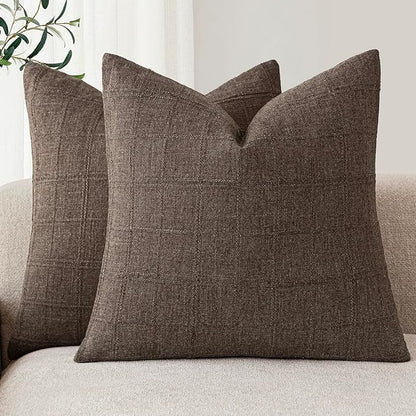 Foindtower Set of 2 Decorative Linen Check Throw Pillow Covers Neutral Farmhouse Vintage Cushion Covers Modern Boho Home Decor for Sofa Chair Couch Bedroom Living Room,24×24 Inch,Dark Brown