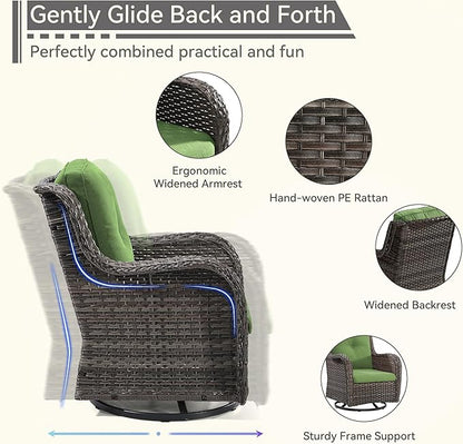 3 Pieces Outdoor Furniture Set - Patio Wicker Swivel Rocker Chair Set of 2 and 1 Side Table, Green, Mixed Brown Rattan, Suitable for Porch, Yard