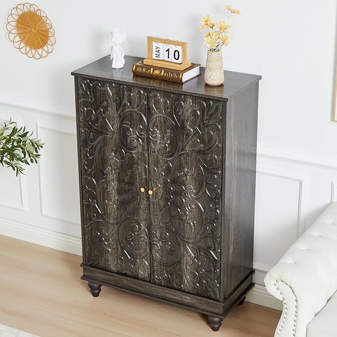 Sideboard Buffet Cabinet with Storage, Kitchen Storage Cabinet with Adjustable Shelves and 2 Doors, Vintage Accent Table for Living Room, Hallway (Grey)