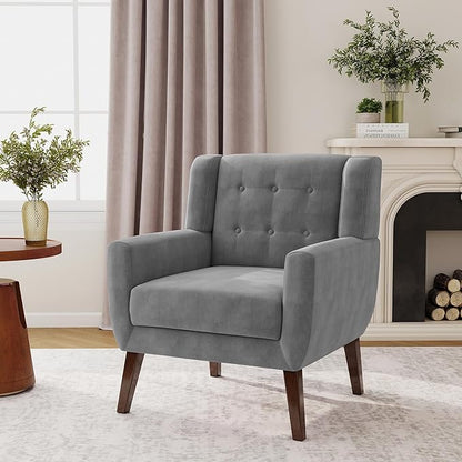 Lumibee Accent Chair, Modern Velevet Armchair for Living Room, Comfy Upholstered Arm Chair Tufted for Indoor Bedroom Office Room (Gray Velvet)