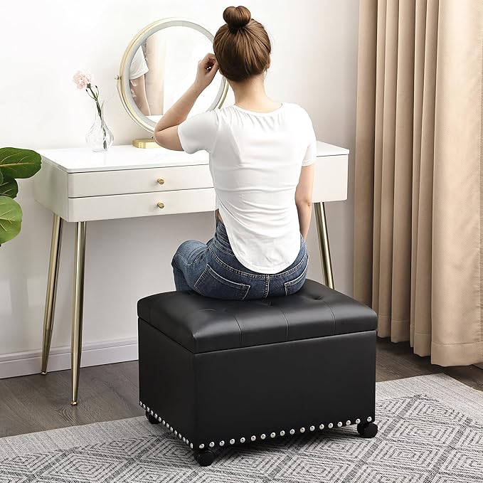 Leather Storage Ottoman Bench with 360° Caster Wheels, 24" Black Rectangle Rolling Ottoman with Storage, Foot Rest Bench Rectangle Ottomans Stool for Living Room Bedroom