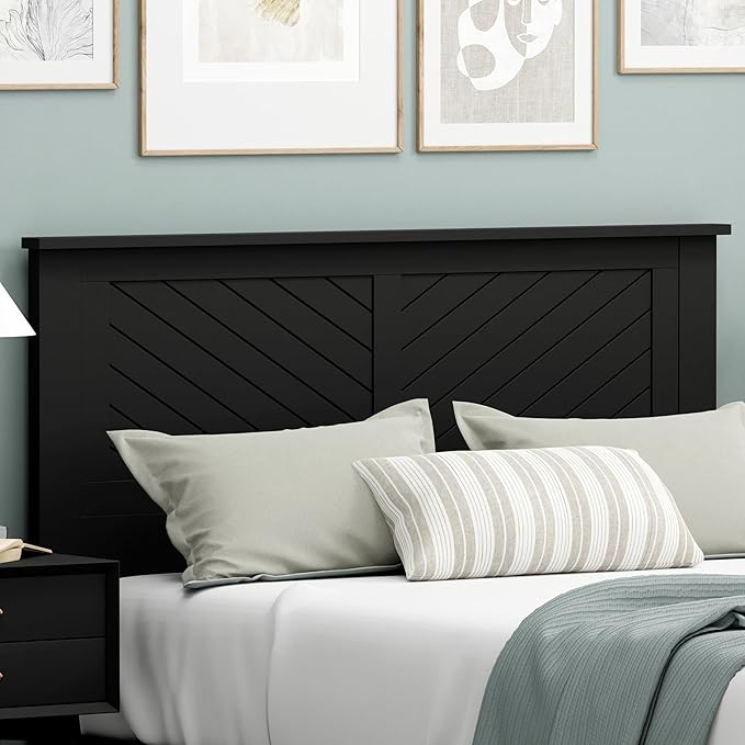 Serene Poplar Wood Full Size Headboard in Black, Modern Farmhouse Panel with Chevron Scoring, Casual Coastal Style, Easy Assembly, Quality Materials