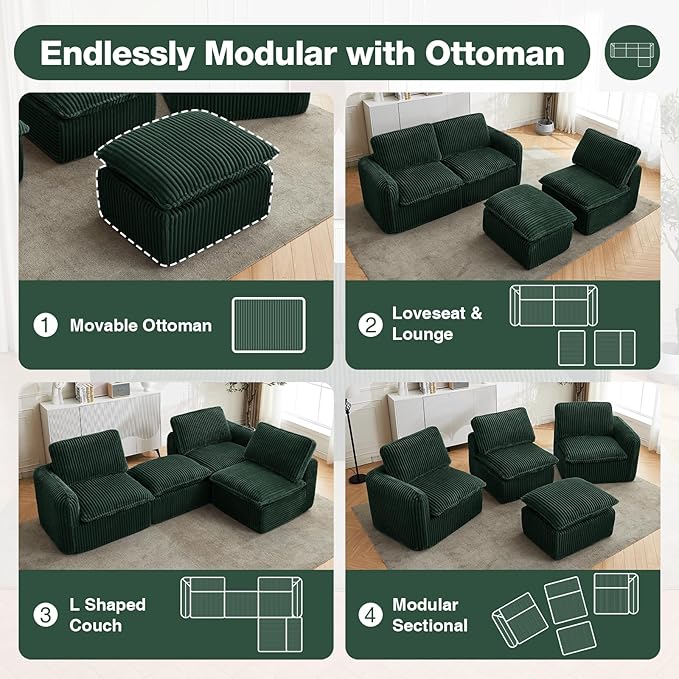 110'' Boneless Modular Cloud Couch for Living Room, Comfy Cloud Modular Sectional Couch with Ottoman, Convertible L Shaped Couches for Apartment, Dorm, No Assembly Required, Green Corduroy