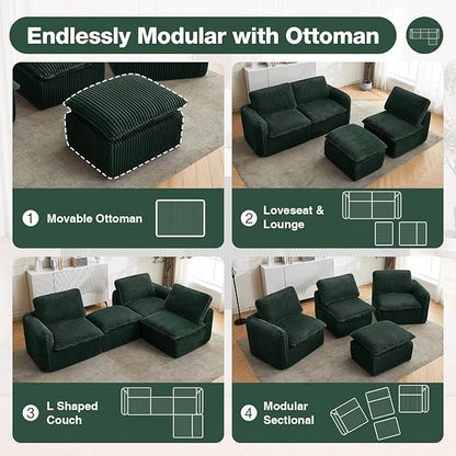 110'' Boneless Modular Cloud Couch for Living Room, Comfy Cloud Modular Sectional Couch with Ottoman, Convertible L Shaped Couches for Apartment, Dorm, No Assembly Required, Green Corduroy