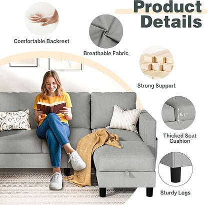 JY QAQA Convertible Sectional Sofa with 3-Seater Sofa, L-Shaped Ottoman Couch with Modern Linen for Apartment, Small Living Room and Small Space (Light Grey)
