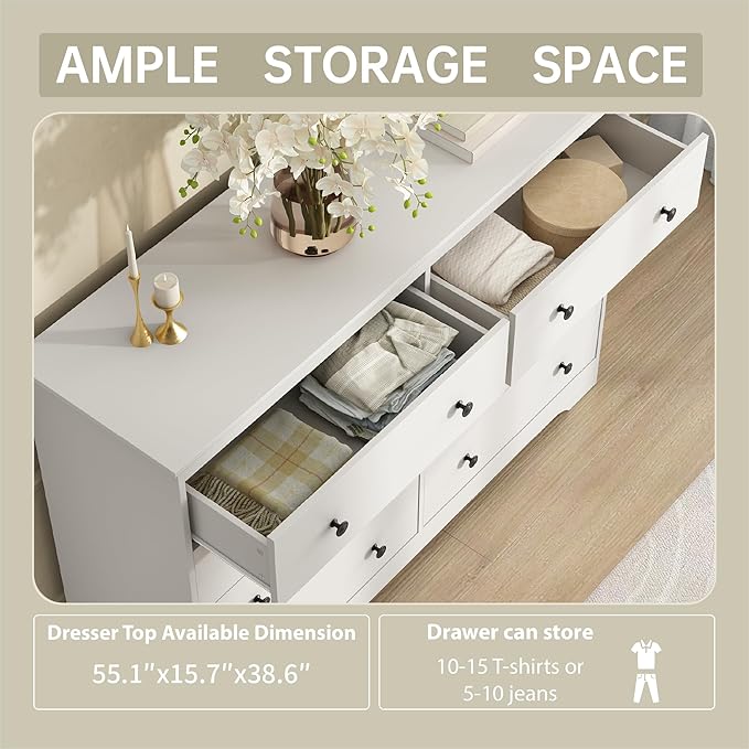 White Dresser for Bedroom, 8 Drawer Dresser with Large Drawers, 55 Inch Wide Wood Chest for Living Room, Hallway