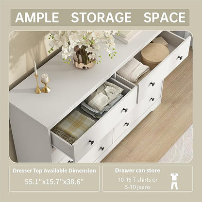 White Dresser for Bedroom, 8 Drawer Dresser with Large Drawers, 55 Inch Wide Wood Chest for Living Room, Hallway