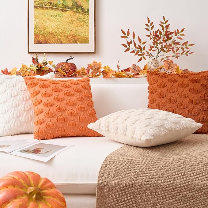 Kevin Textile Fall Pumpkins Pillow Covers 18x18 Inch Set of 2 Cute Autumn Decorative Square Pillowcases Soft Faux Fur Cushions Harvest Gift for Couch Sofa Chair Bedroom Home Decor, Cream White
