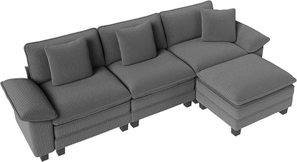 123-Inch L Shaped Sectional Sofa with Cloud Cushions, Deep Seat Modular Couch Set w/ 4 Seats & 1 Ottomans, Removable Arms, Plush Corduroy Upholstery for Living Room, Apartment - Gray