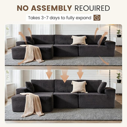 Apicizon 113" Sectional Sofa Couch for Living Room, 3 Seat Boneless Sofa with Chaise Longue, L-Shape Modular Sectional Couches with Deep Seat for Apartment，No Assembly Required (Stripe Corduroy Gray)