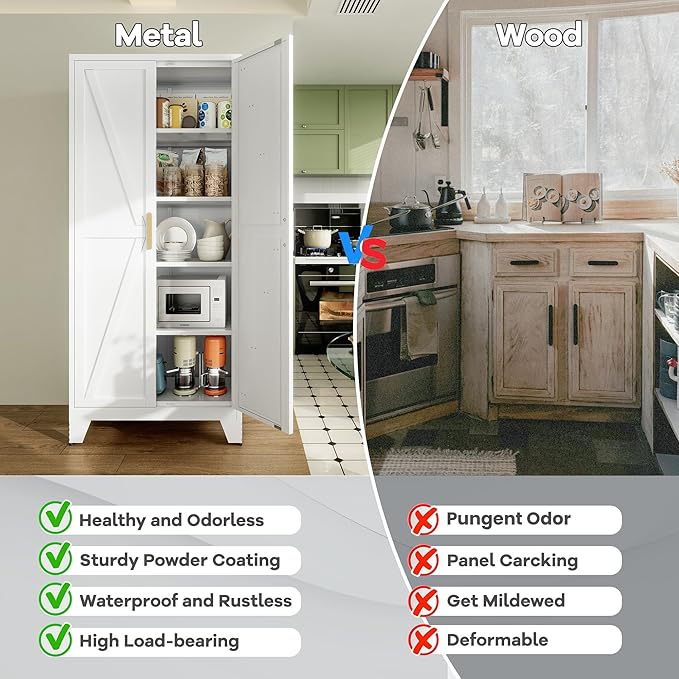 Large Metal Kitchen Pantry Storage Cabinet with Adjustable Shelves - Freestanding Kitchen Storage Cabinet for Dining Room,Livingroom Bathroom, Hallway, Workshop, Office (White, 71"- 0 drawer)