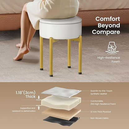 18-Inch Leather Vanity Stool Chair with Storage, Vanity Bench with 4 Golden Metal Legs & Anti-Slip Adjustable Feet,Round Storage Ottoman Stool with Removable Soft Padded Seat, White
