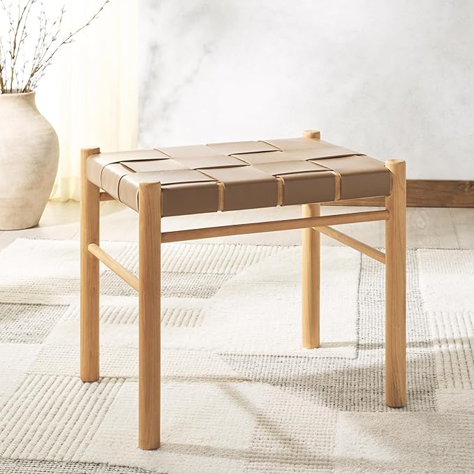 SAFAVIEH Couture Collection Devnie Brown Woven Leather & Natural Solid Wood Ottoman (Fully Assembled)