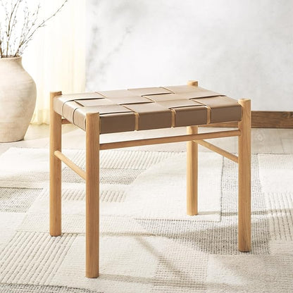SAFAVIEH Couture Collection Devnie Brown Woven Leather & Natural Solid Wood Ottoman (Fully Assembled)