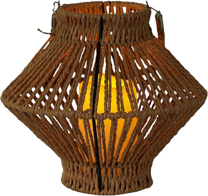 Alpine Corporation LAN420HH-BG-TM Hanging Woven Lantern with LED Candle and Timer, Boho Home Decor, 9" H, Beige