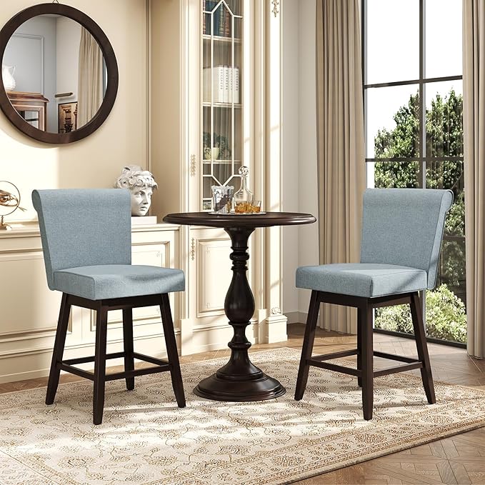 COSTWAY Swivel Bar Stools Set of 2, 27" Counter Height Bar Chairs with Rubber Wood Legs, Upholstered Linen Barstools with Back & Cushioned Seat, for Kitchen Island, Home, Grey