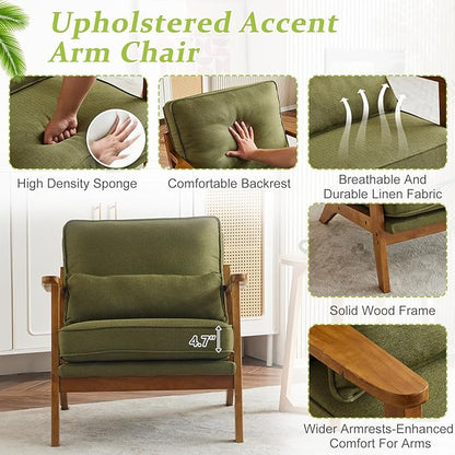 VINGLI Solid Wood Wide Armrests Accent Chair Set of 2,Upholstered Mid Century Modern Chair with Pillow,Farmhouse Arm Chair Comfy Reading Chair,Chairs Living Room,Bedroom,Guest Room,Linen Fabric,Green