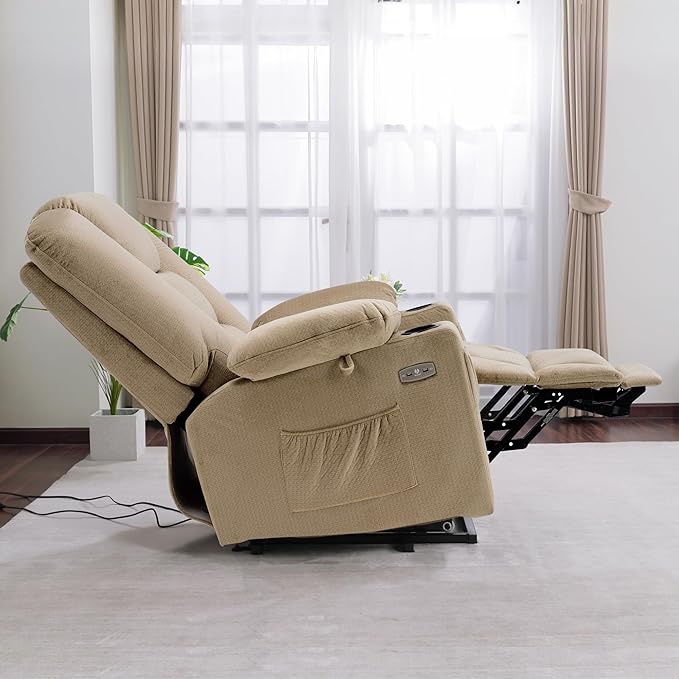 MCombo Oversized Power Lift Recliner Chair with Massage and Heat for Big and Tall Elderly People, Cup Holders, USB Ports, Side Pockets, Fabric R7541 (Beige, Large-Oversize)