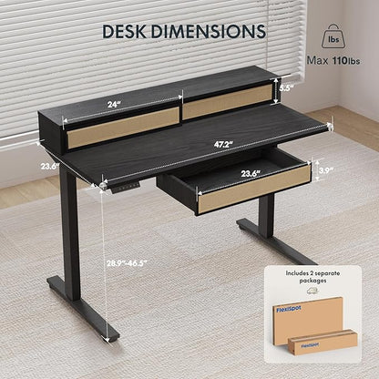 FLEXISPOT Q4 One-Piece Standing Desk with Rattan Drawers, 48 x 24 Inch Adjustable Height, Electric Stand Up Table with Monitor Shelf, Home Office Ergonomic Computer Desk with Memory Presets, Black