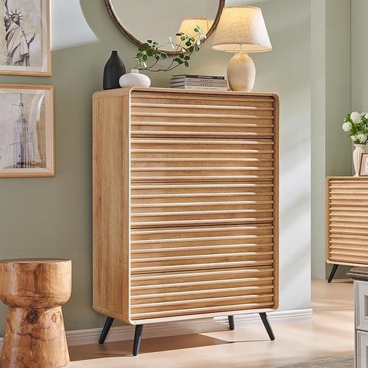RedLemon 5 Drawers Dresser for Bedroom, 48'' Tall Mid Century Modern Wood Fluted Dresser, Chest of Drawers with Tapered Leg for Bedroom, Living Room, Hallway, Closet,Natural Oak