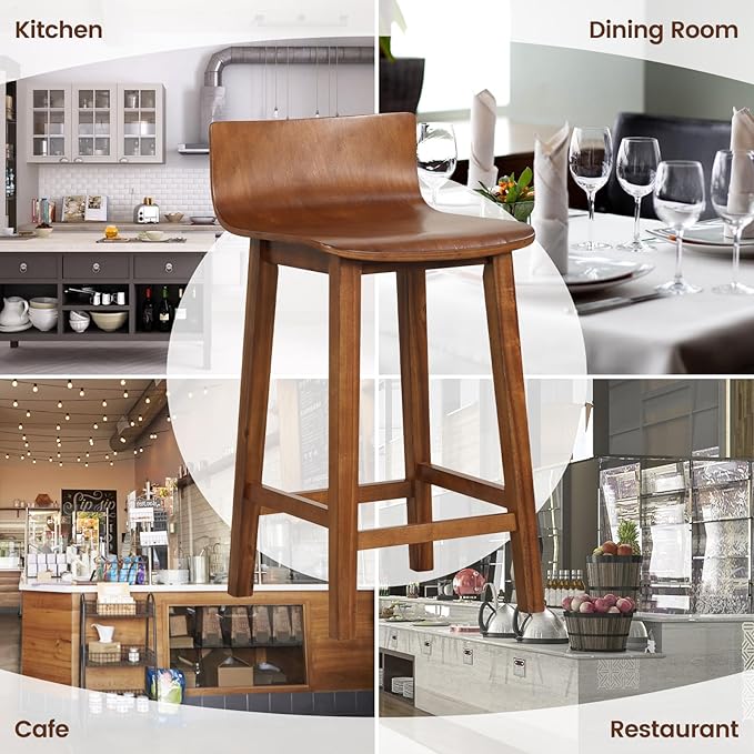 COSTWAY Solid Wood Bar Stools Set of 4, 24.5-inch Counter Height Chairs with Low Back and Footrest, Farmhouse Wooden Armless barstools for Kitchen Island, Dining Room, Cafe, Breakfast, Brown