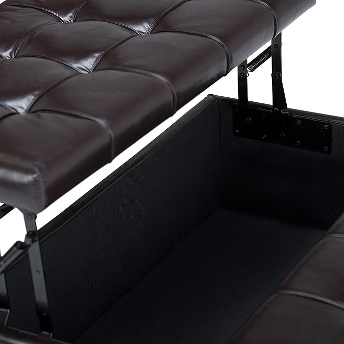 SIMPLIHOME Harrison 36 inch Wide Transitional Square Coffee Table Storage Ottoman in Tanners Brown Vegan Faux Leather, Assembled, For the Living Room and Bedroom