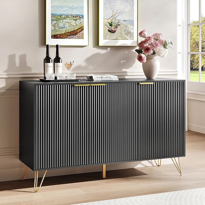 Fluted Buffet Cabinet,Wooden Console Storage with 3 Doors and Adjustable Shelves,Black Sideboard for Entryway,Kitchen,Bathroom,Home Office