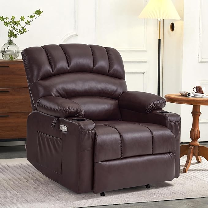 MCombo Power Lift Recliner Chair for Elderly, Lift Chair with Heat and Massage, Extra Wide Lift Recliner for Big People, Faux Leather R7096 (Medium-Wide, Dark Brown)