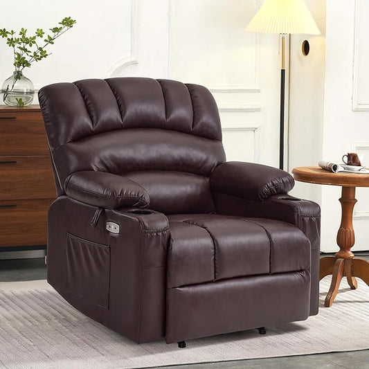 MCombo Power Lift Recliner Chair for Elderly, Lift Chair with Heat and Massage, Extra Wide Lift Recliner for Big People, Faux Leather R7096 (Medium-Wide, Dark Brown)
