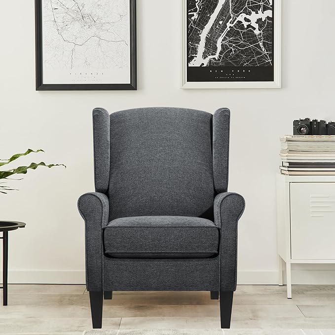 Dark Grey Accent Chairs, Modern Living Room Single Wingback Sofachair, Classic Bedroom High Back Reading Seats, Bussiness Upholstered Arm Chairs for Office, Guest Room