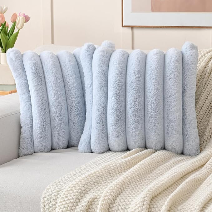 FUTEI Light Blue Decorative Throw Pillow Covers 20x20 Inch Set of 2, Square Soft Faux Rabbit Fur Thick Striped Cushion Cover,Winter Home Decor for Couch Bed Living Room