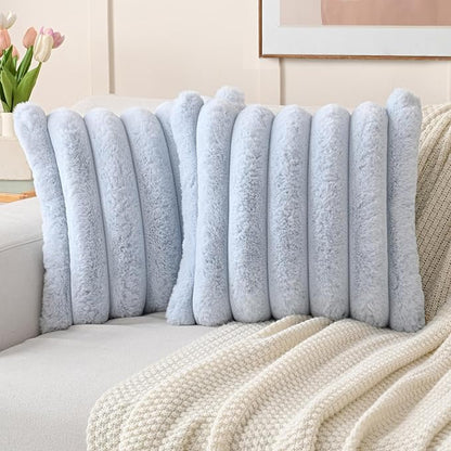 FUTEI Light Blue Decorative Throw Pillow Covers 20x20 Inch Set of 2, Square Soft Faux Rabbit Fur Thick Striped Cushion Cover,Winter Home Decor for Couch Bed Living Room