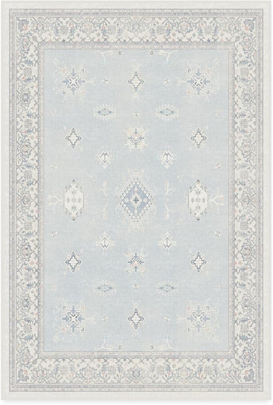 RUGGABLE Washable Vintage Area Rug – Verena Soft Blue 4x6, Stain-Resistant, Non-Slip – Medium Machine Washable Rugs for Living Room, Bedroom, Hallway, Entryway & Office–with Cushioned Pad
