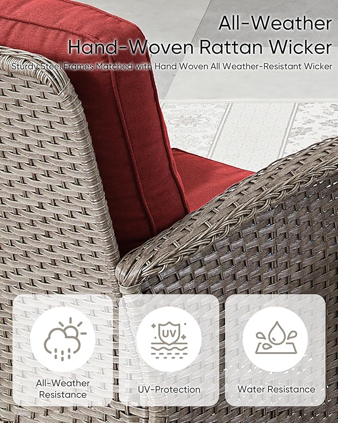 HUMMUH Patio Furniture Wicker Outdoor Furniture Sets High Back Outdoor Glider Bench with Patio Swivel Chairs Patio Conversation Sets for Deck Lawn Porch Balcony Poolside-Grey/Red