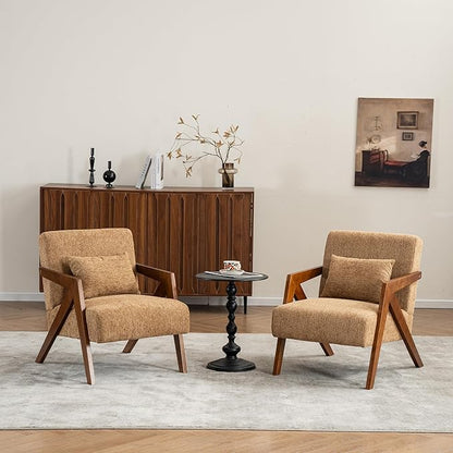 Mid Century Modern Accent Chair with Solid Wood Frame，Upholstered Chenille Living Room Arm Chairs with Pillow for Bedroom, Living Room, Reading Room, Balcony (2, Yellow)
