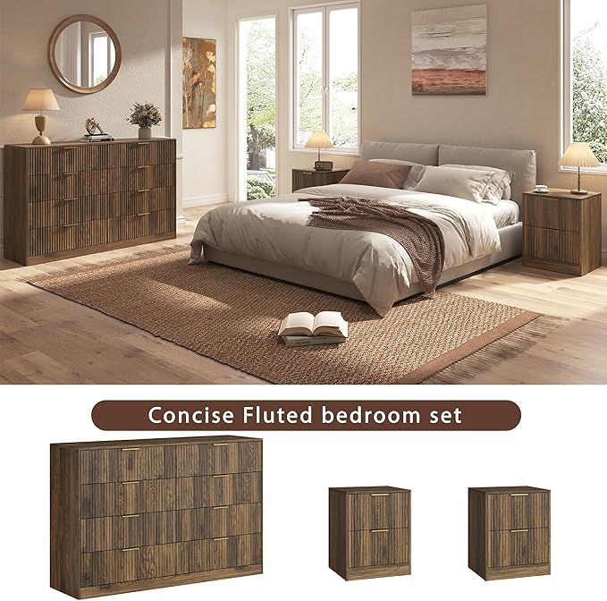 3-Piece Modern Bedroom Furniture Set, Wide 8-Drawer Dresser & 2-Drawer Nightstands Set of 2, Natural Wood Dresser and Nightstand Sets for Bedroom, Hallway, Walnut