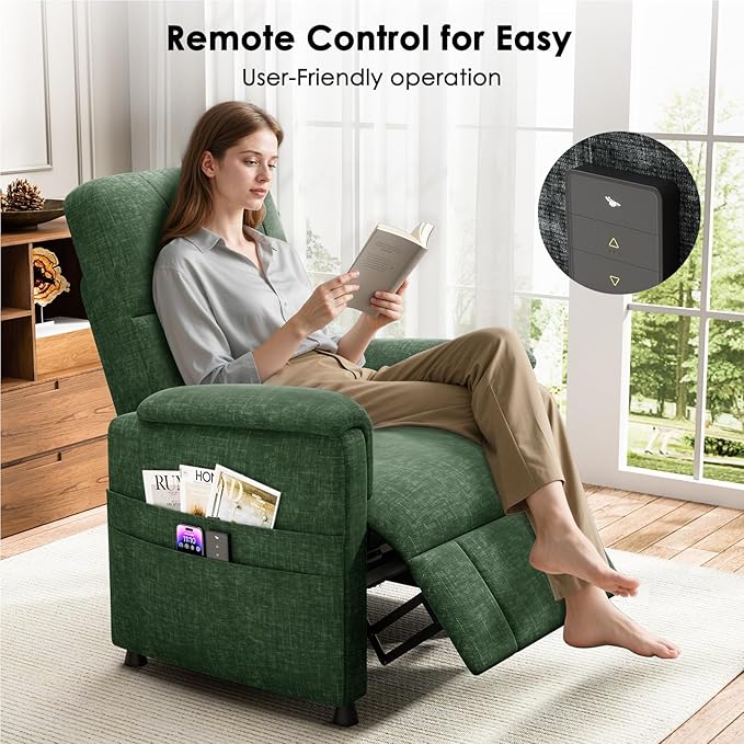 Amada Power Recliner Chair for Adults, Chenille Electric Reclining Chair for Small Spaces with Remote & Side Pockets, Thick Seat Cushion for Home Theater, RV, Living Room & Bedroom(Chenille Green)