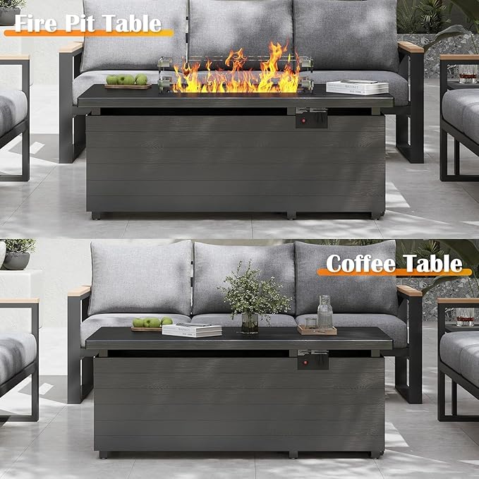 Sundale Outdoor 7 Pieces Metal Patio Furniture Set with Fire Pit Table, Outdoor Sectional Sofa with 6" Olefin Cushion, Modern Outdoor Conversation Sets (6 Seats, Grey Frame)
